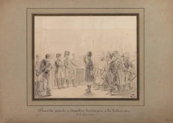 Alexander I. präsentiert die Kosaken und Kalmücken der russischen Armee Napoleon I. in Tilsit, 8. Juli 1807